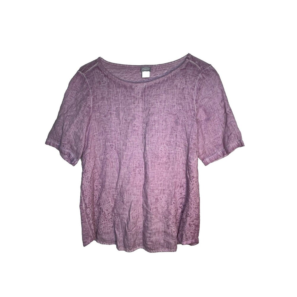 Chicos Purple Embroidered India Woven  blouse  1 Top M 6 8
